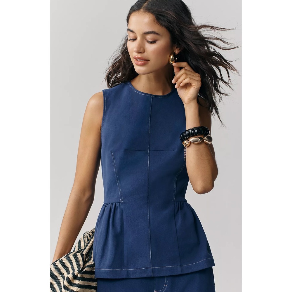 Maeve Anthropologie Crew-Neck Peplum Tank Top Navy Blue Preppy Clean Girl Size L